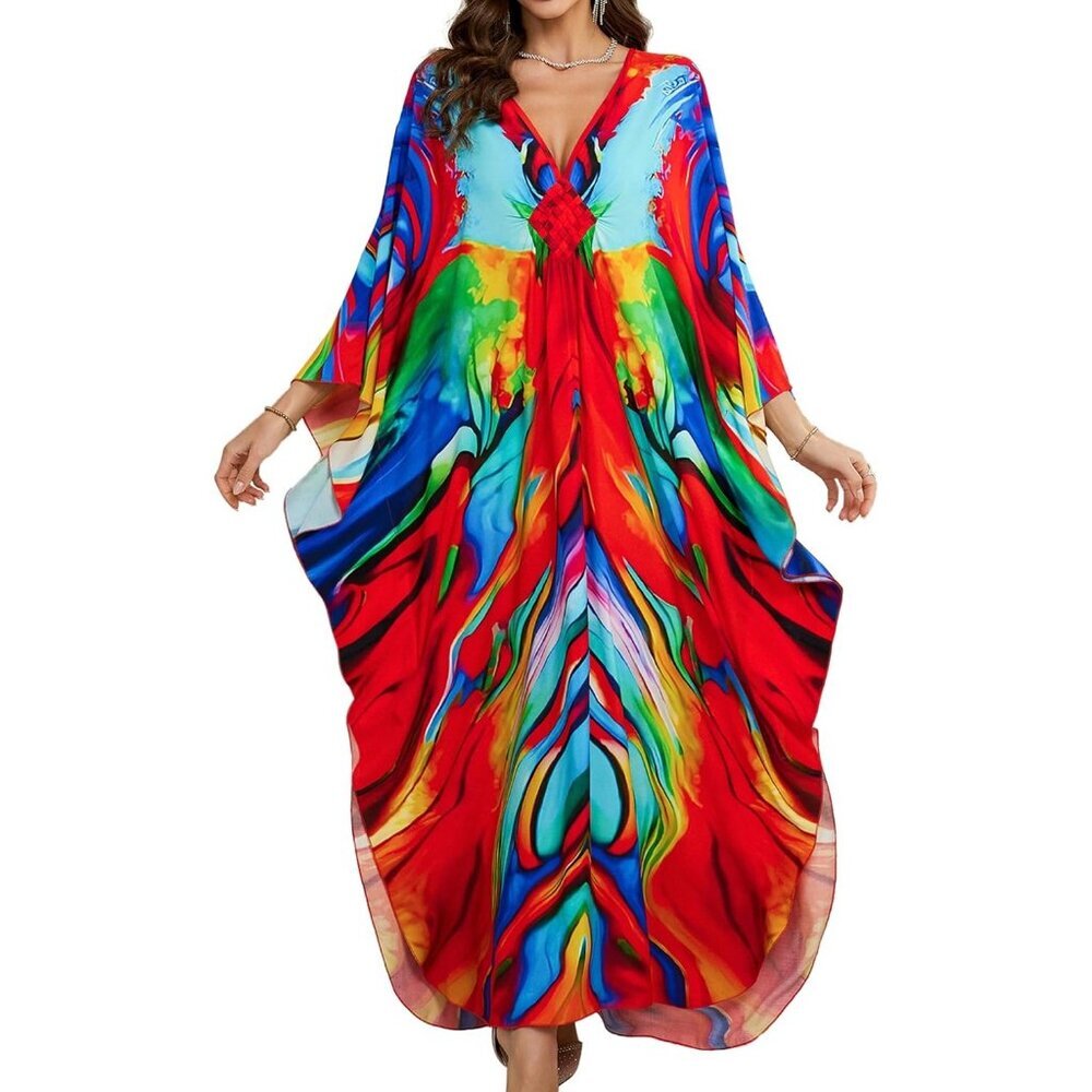 Women's Red Vivid V Neck Batwing Sleeves Summer Beach Cover Up Kaftan Dress - Picture 1 of 6